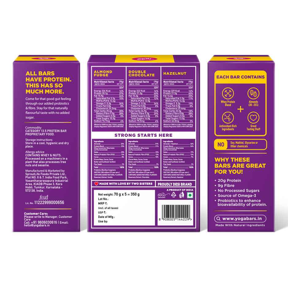 Yoga Bar No Added Sugar 20g Protein Bars|Added Probiotics & Whey| 20g Protein|Pack of 5 x 70g Each