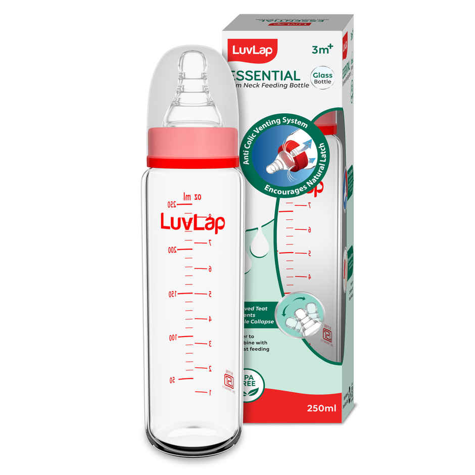 LuvLap Essential Slim Neck Glass Feeding Bottle | 3M Babies Upto 3 Years White and Red | 250 ml
