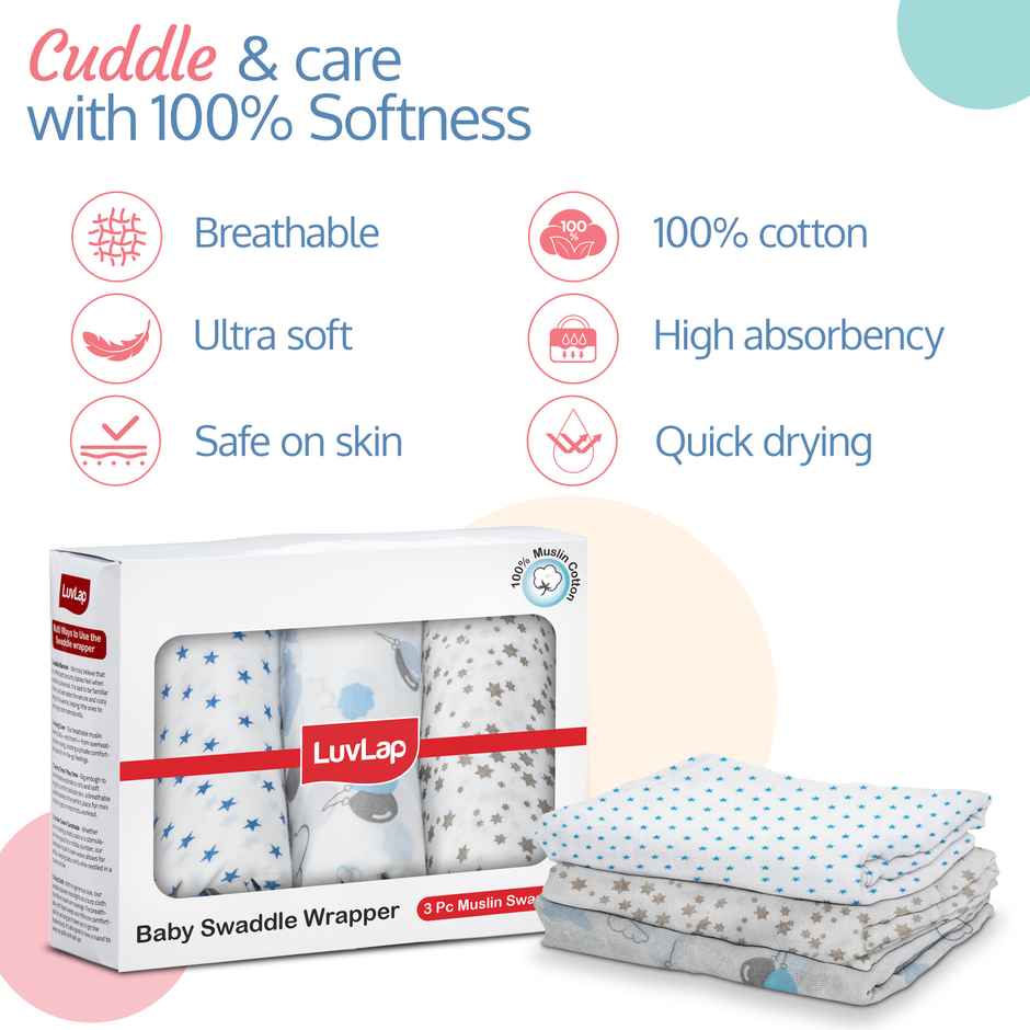 LuvLap 100% Cotton Muslin Swaddle Set, Printed Mulmal Muslin Swaddle Wrap, 0-18 Month+