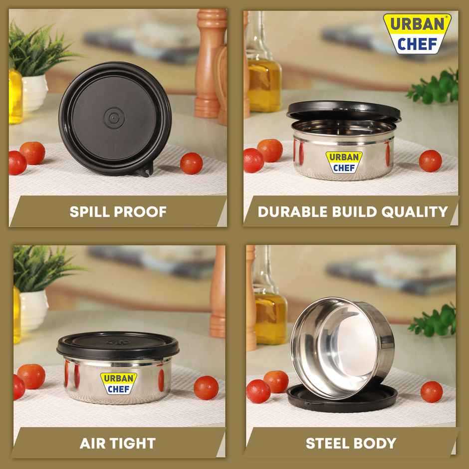 Urban Chef Essential 3 Stainless Steel Containers | 290 |450 |600 Ml Leak Proof | Black