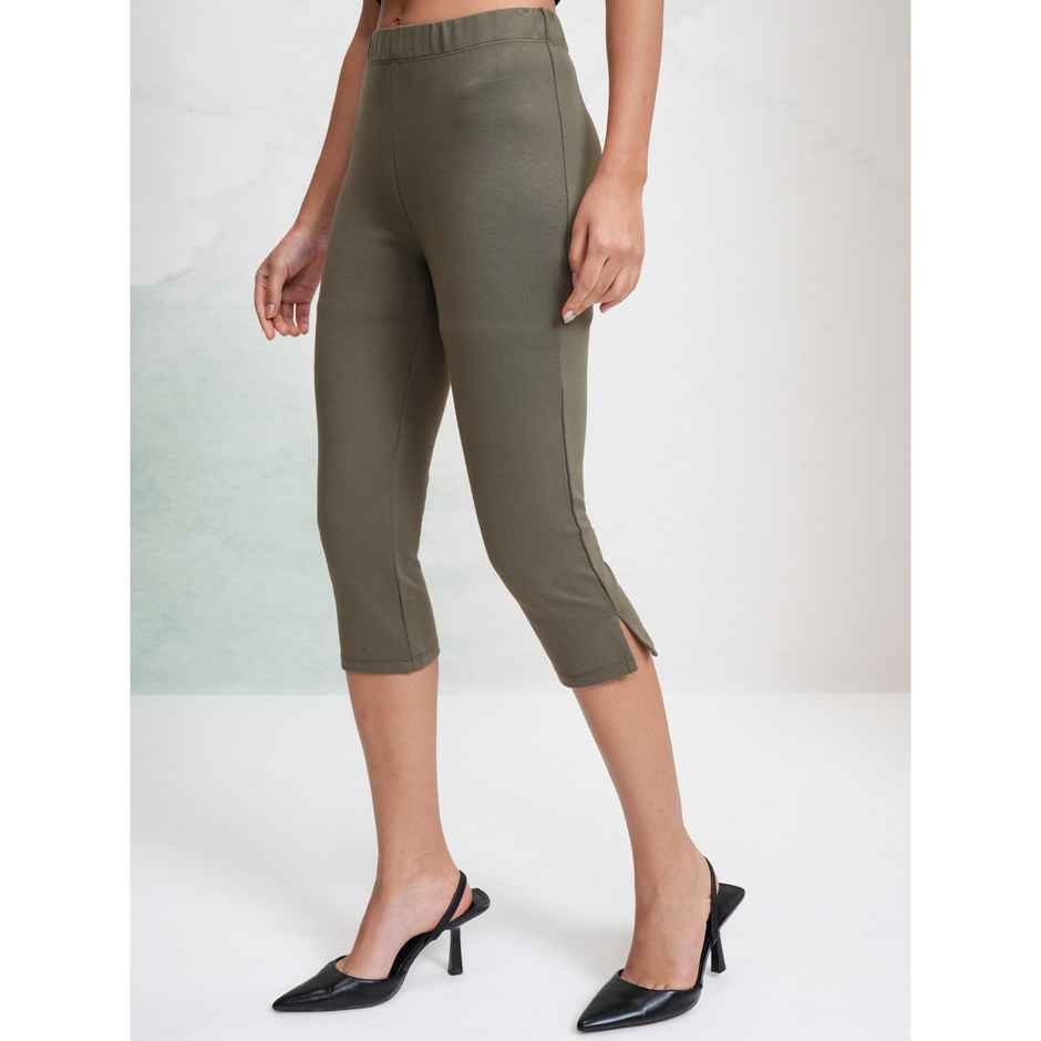 Tokyo Talkies Women's Solid Stretchy Capri Pants with Slits | Olive - 32