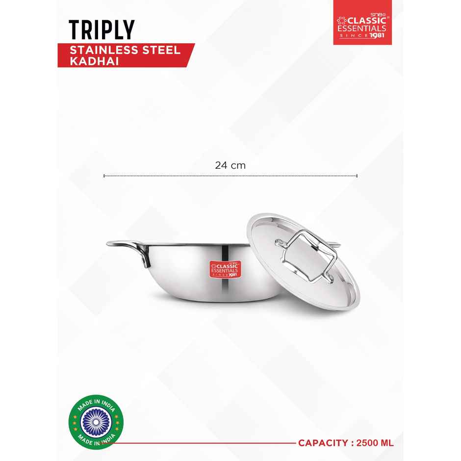Classic Essentials Triply Stainless Steel Induction Bottom Kadhai With Lid 24cm Dia. 2.5l Capacity