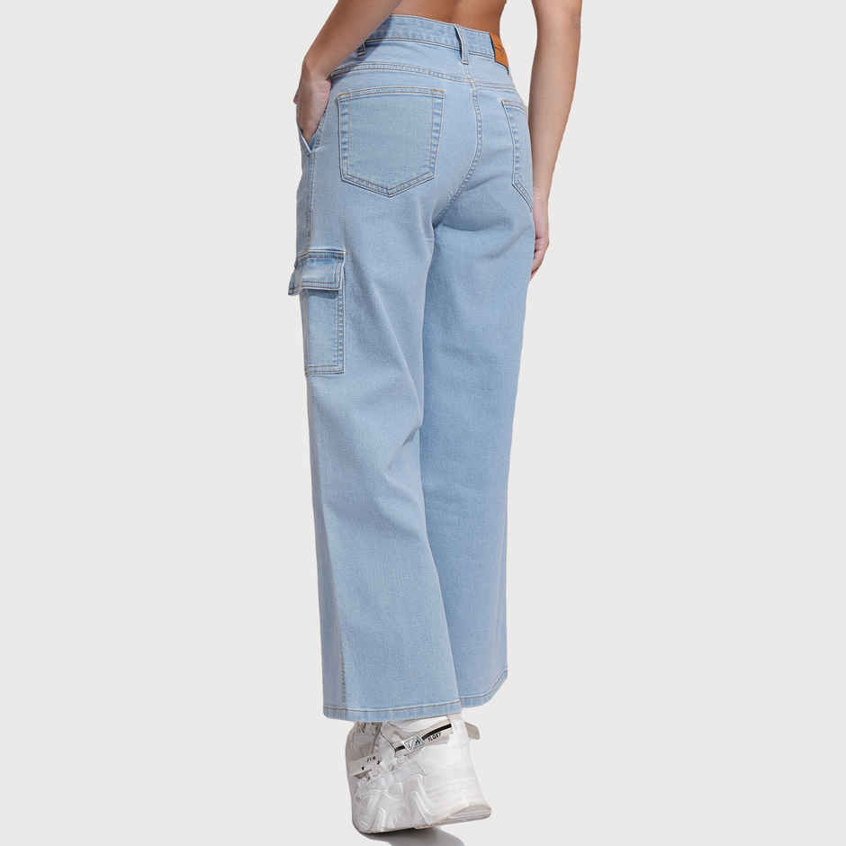 Tokyo Talkies Women's Wide Leg Cargo Jeans | Light Blue - L