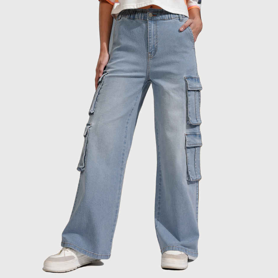 Tokyo Talkies Women's Straight Fit Cargo Jeans | Light Blue - 30