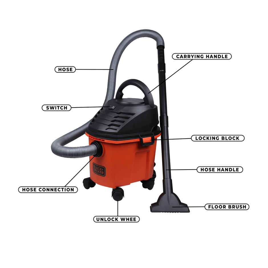 BLACK+DECKER BDWD08-B1 220V 1000 W Wet and Dry Vacuum Cleaner with Cannister Body, 8L Capacity