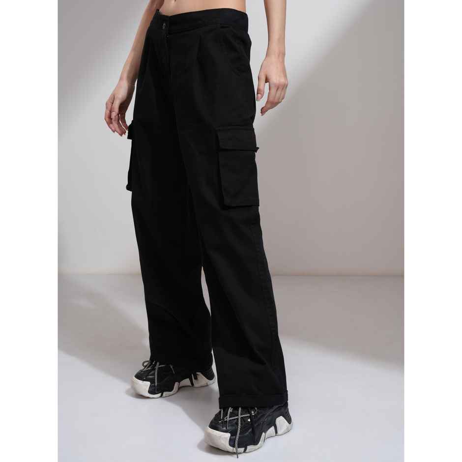 Tokyo Talkies Women's Cargo Wide Leg With Back Elastic Waist Band | Black - M