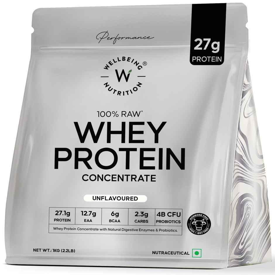 Wellbeing Nutrition 100% Raw Whey Protein Concentrate - Unflavoured | 27G Protein - 12.7G EAA