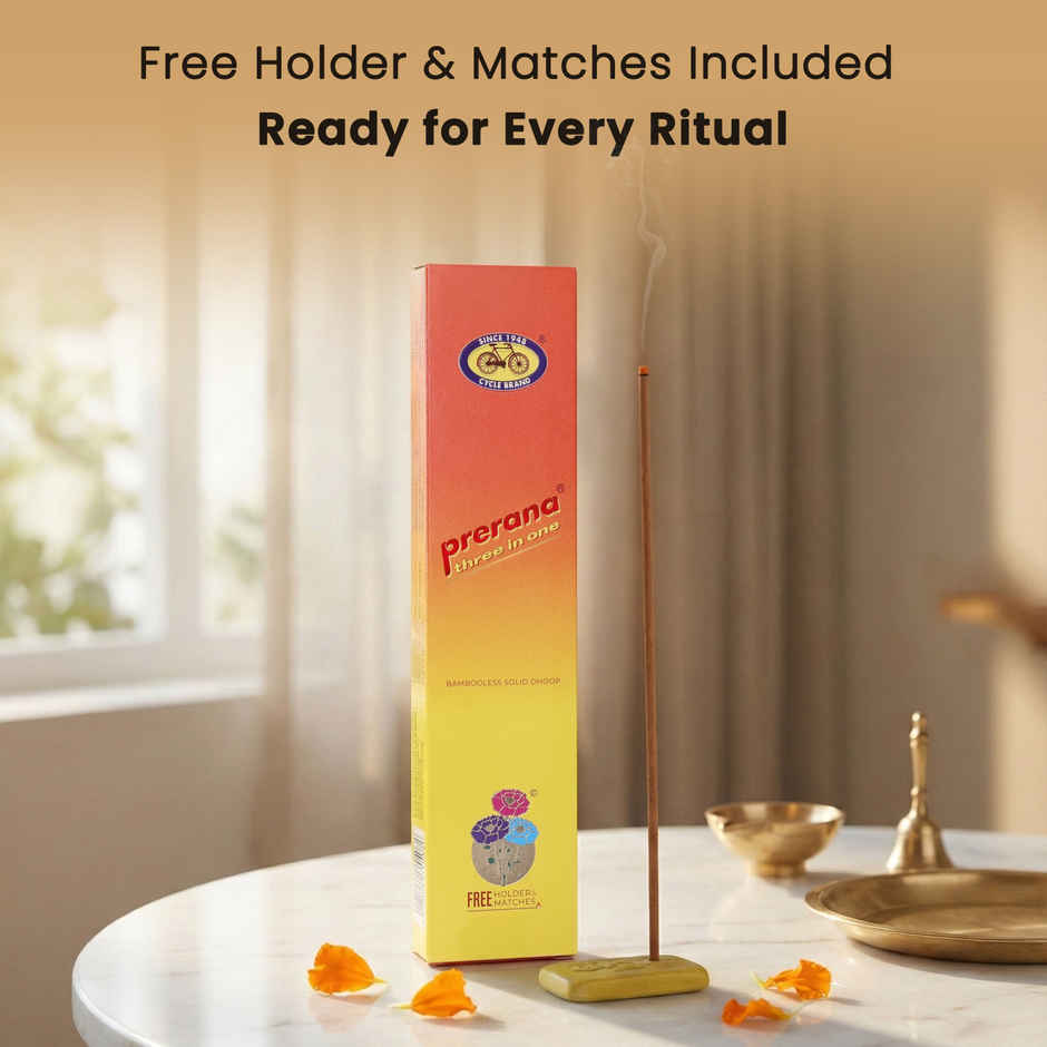 Prerana Three in One Bambooless Solid Dhoop Sticks | 42N Sticks, Holder & Matches Included | Cycle