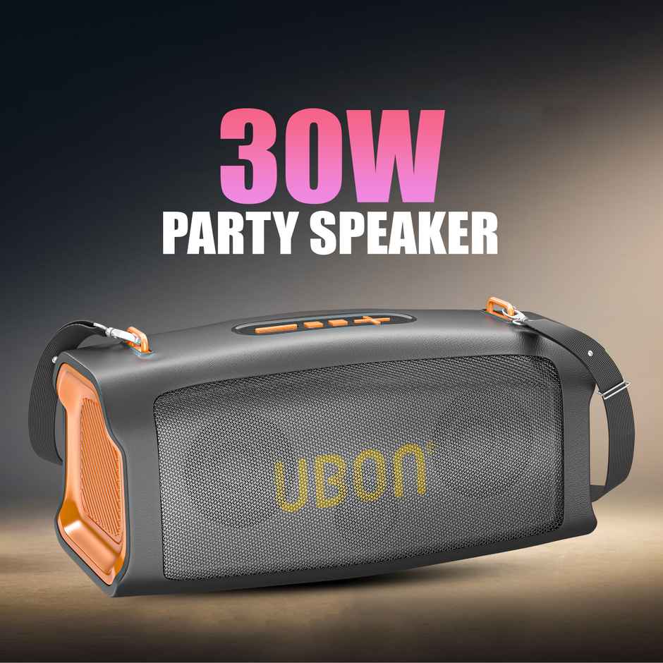 UBON 30 Watt Wireless Party Speaker (SP-85) with 20 Hours Long Playtime | 4000 mAh Battery, Surround Sound, Multple Connectivity - TF Card, BTV5.3, Aux, Built in FM Radio - Black & Orange