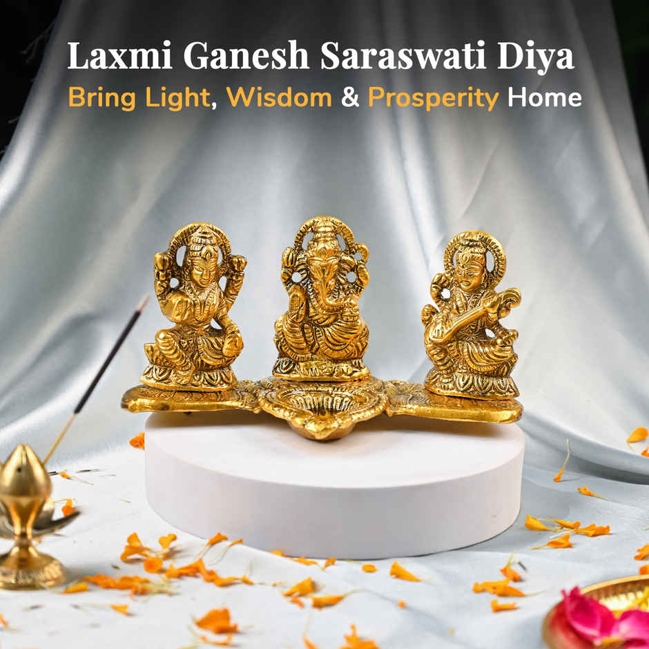 HINDCRAFT Laxmi Ganesh Saraswati Brass Diya | Diwali Decor & Pooja Gift for Home