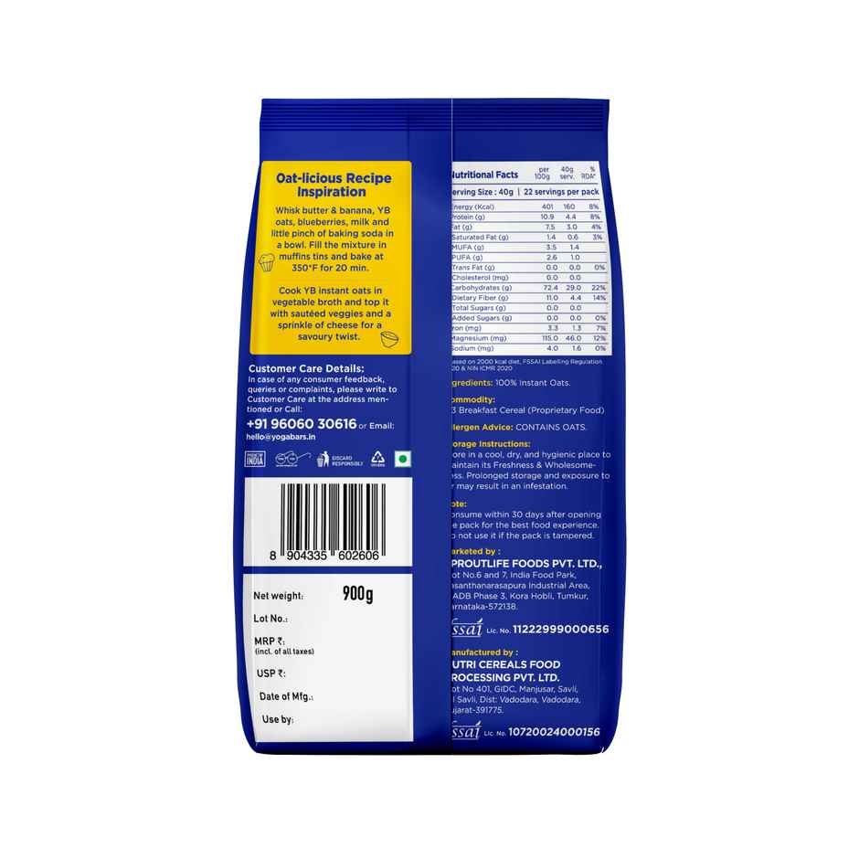 Yoga Bar Instant Oats, Fibre and Protein Rich, Sodium Free, No Trans Fat, Contains Beta Glucan