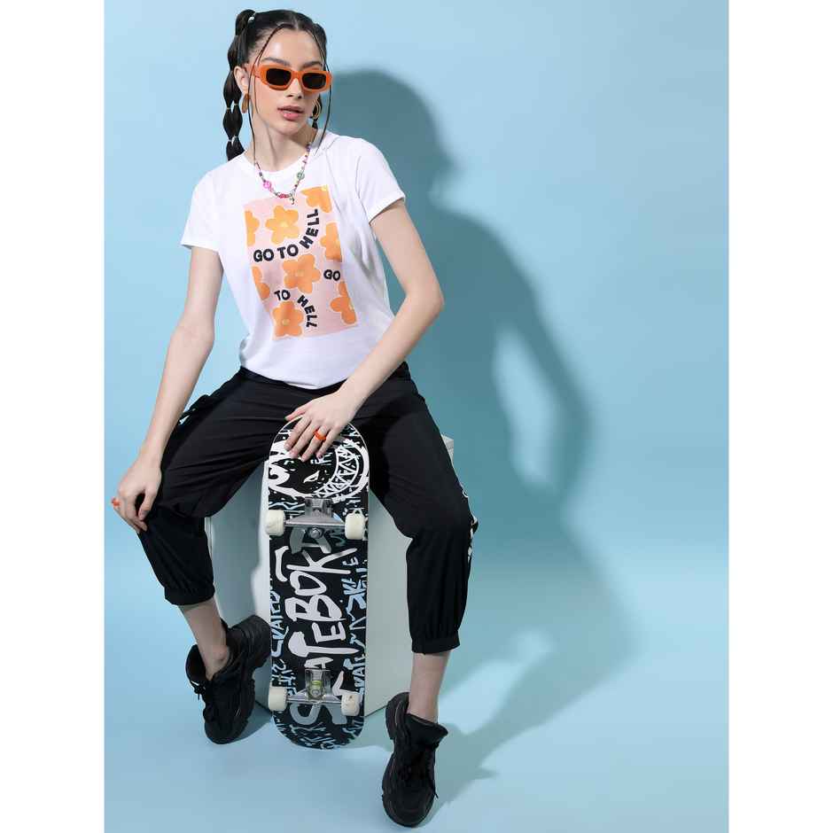 Tokyo Talkies Women's Floral Printed Round Neck T-shirt | White - M