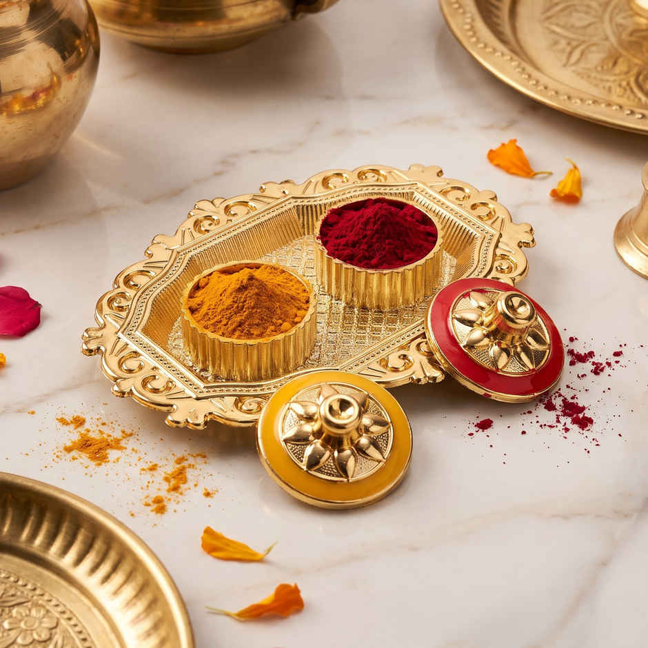 Gold Oval Shape Puja Thali for Rakhi, Pooja, Home Temple & Festive Decor | From House of Cycle