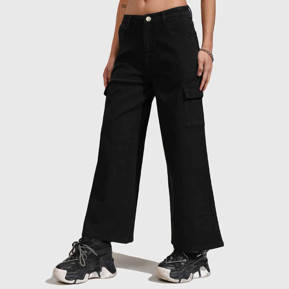 Tokyo Talkies Women's Wide Leg Cargo Jeans | Black - 30