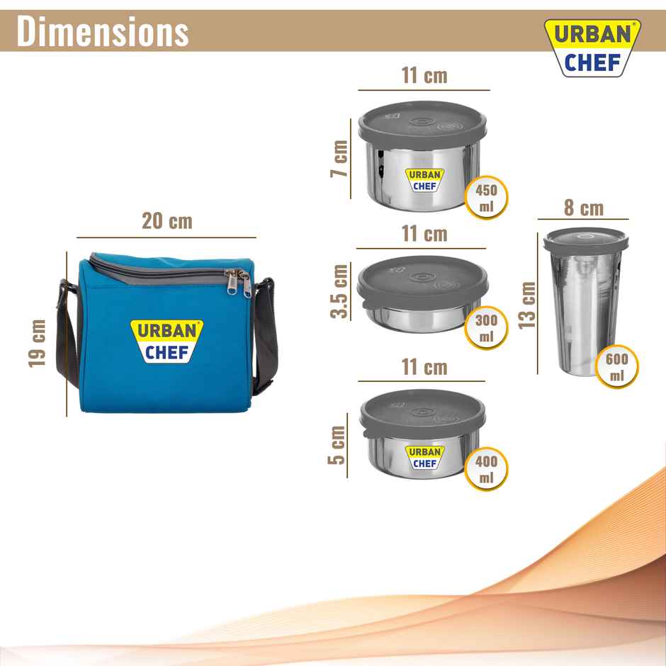 Urban Chef Complet Insulated Fabric Bag Leak Proof Lunch Box | 3 Stainless Steel Containers