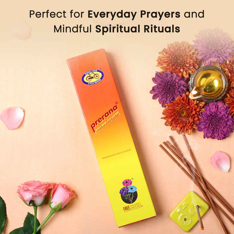 Prerana Three in One Bambooless Solid Dhoop Sticks | 42N Sticks, Holder & Matches Included | Cycle