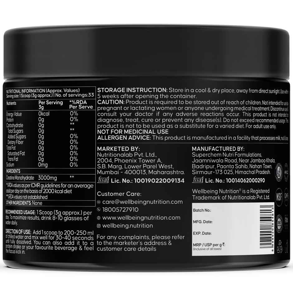 Wellbeing Nutrition 100% Pure Micronised Creatine Powder Monohydrate Unflavoured | 33 Servings