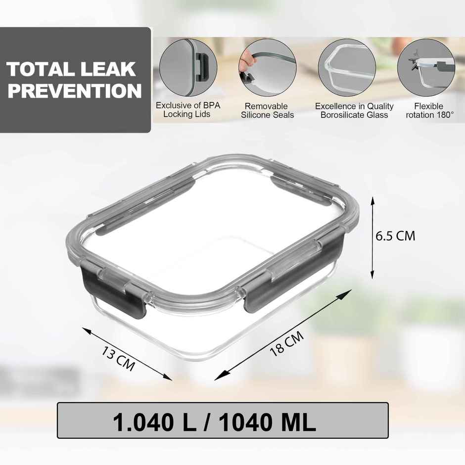 Cutting EDGE 1040ml Borosilicate Glass Lunch Box | Detachable Lock Lid | Microwave Safe | Grey