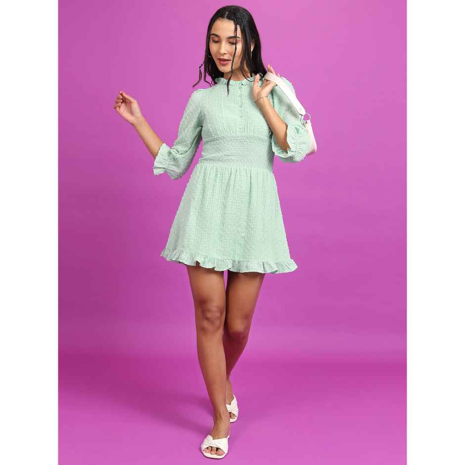 Tokyo Talkies Women's Self Design Smocked Puff Sleeves Fit and Flare Dress | Green - M