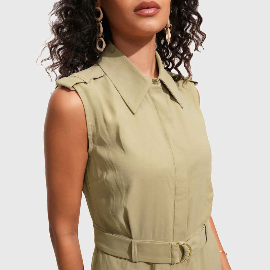 Tokyo Talkies Women's Solid Sleeveless Regualr Fit Jumpsuit | Beige - L