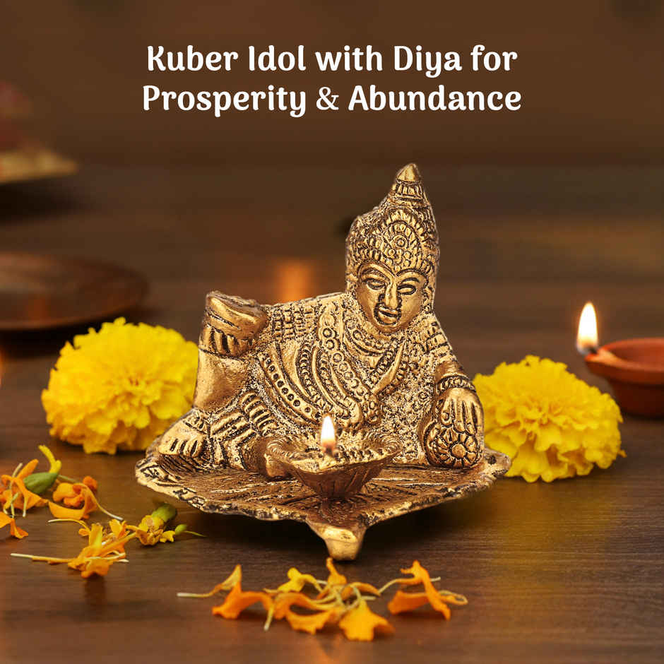 Pure Brass Kuber Idol with Diya for Mandir, Spiritual Worship & Festive Use | Cycle