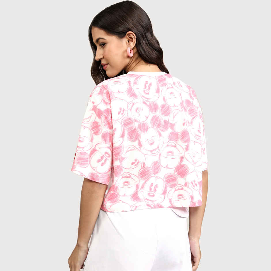 Tokyo Talkies Women's Disney Mickey Mouse Printed Boxy Crop T-shirt | Pink - M