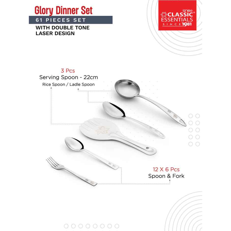 Classic Essentials Heavy Gauge Stainless Steel Permanent Laser Design Glory 61 Pieces Dinner Set
