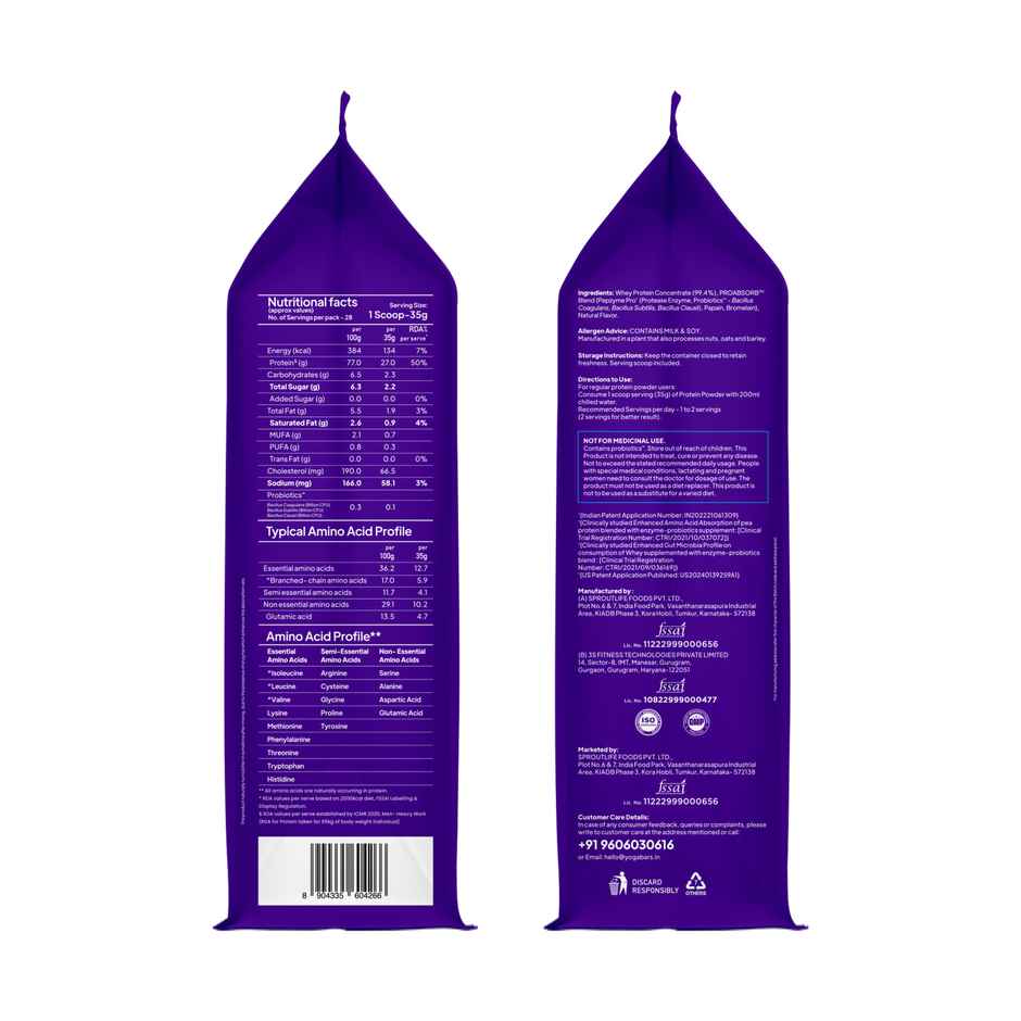 Yoga Bar ProClean Whey Protein Concentrate,27g Protein per Serve Unflavoured, Clean & Light