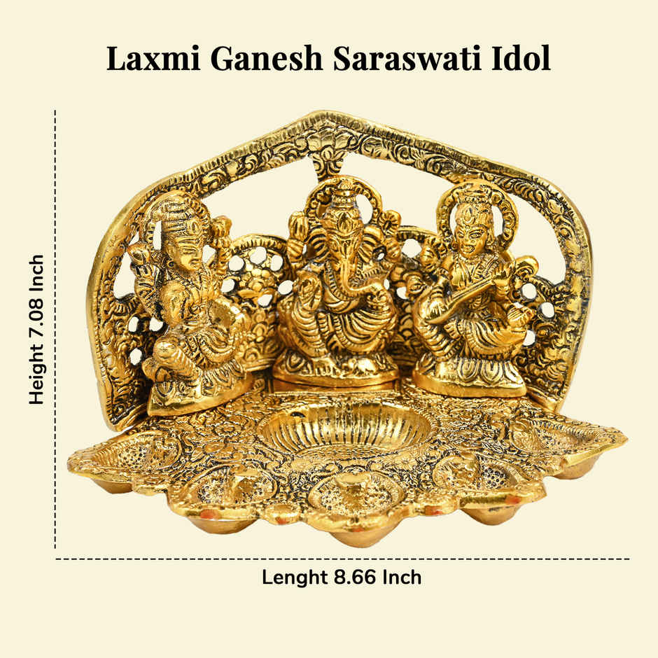 HINDCRAFT Laxmi Ganesh Saraswati Diya | Golden Metal Oil Lamp for Puja & Diwali Gift