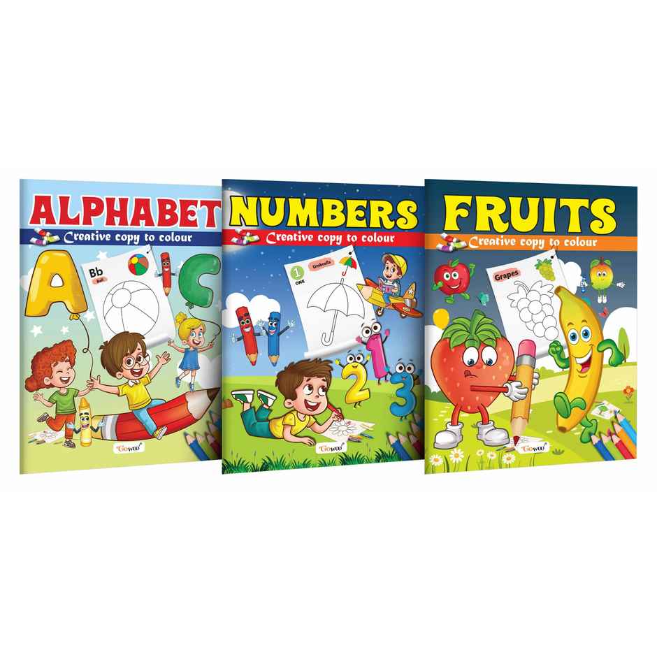 Alphabet | Numbers and Fruits - Creative Copy to Colour Book - Coloring Book for Toddlers-Pack of 3