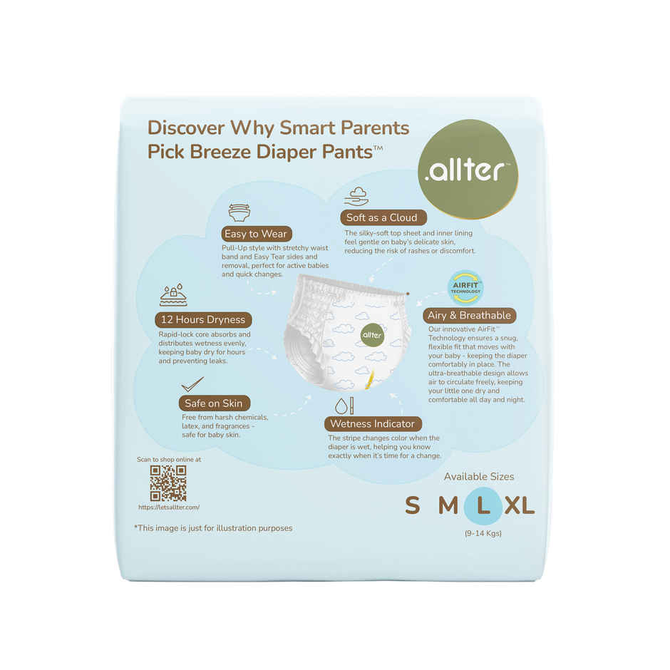 Allter Breeze Baby Diaper Pants L Size | 9-14 Kgs | L | 30 pcs