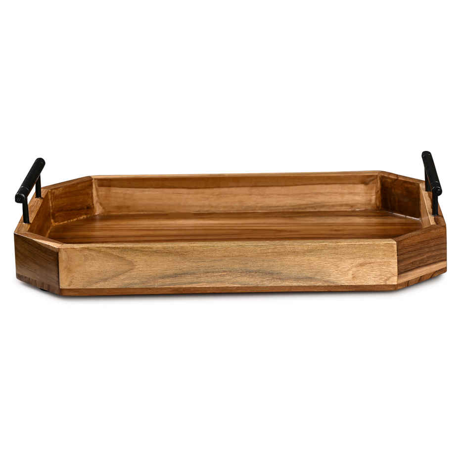 Estoria Collective Teak Wooden Serving Tray with Metal Handle