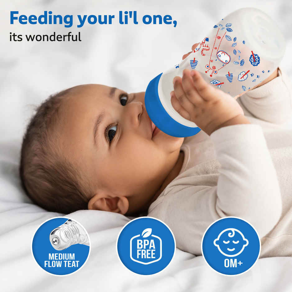 LuvLap Baby Essential Slim Neck Feeding Bottle | Jungle Tales with Anti Colic Nipple | Blue - 125 ml