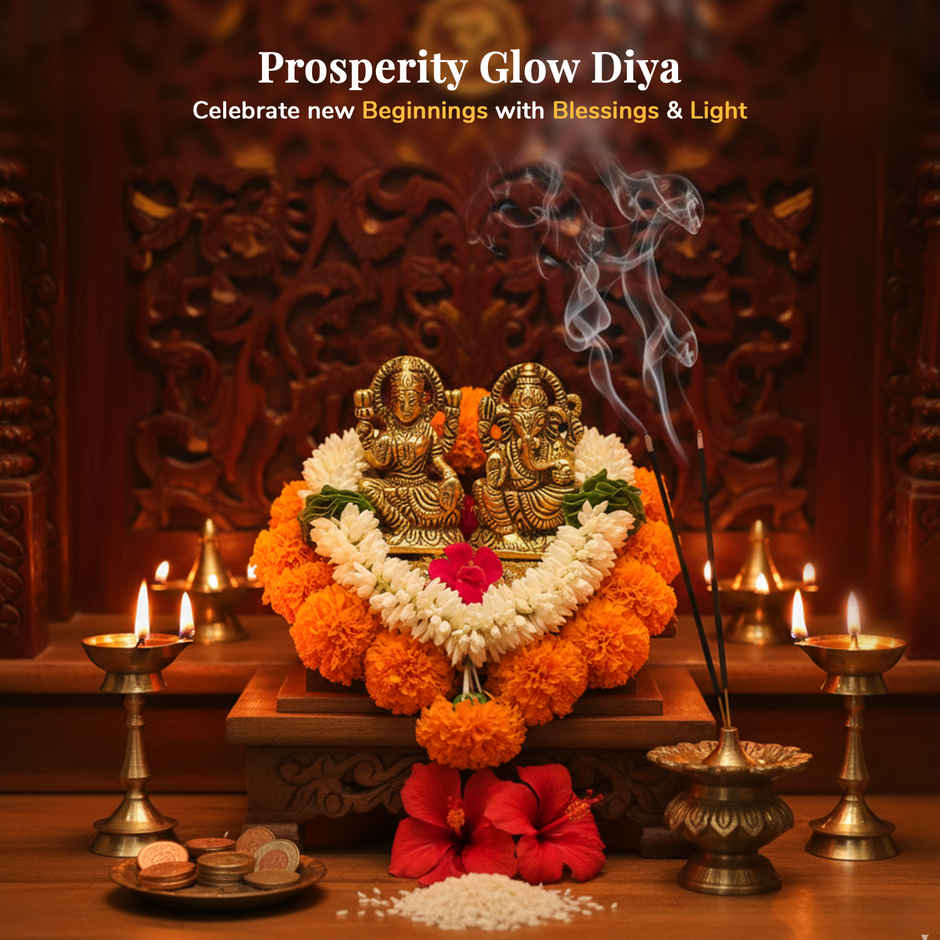 HINDCRAFT Lakshmi Ganesh Idol with Diya | Brass Finish Showpiece for Puja & Diwali Gift