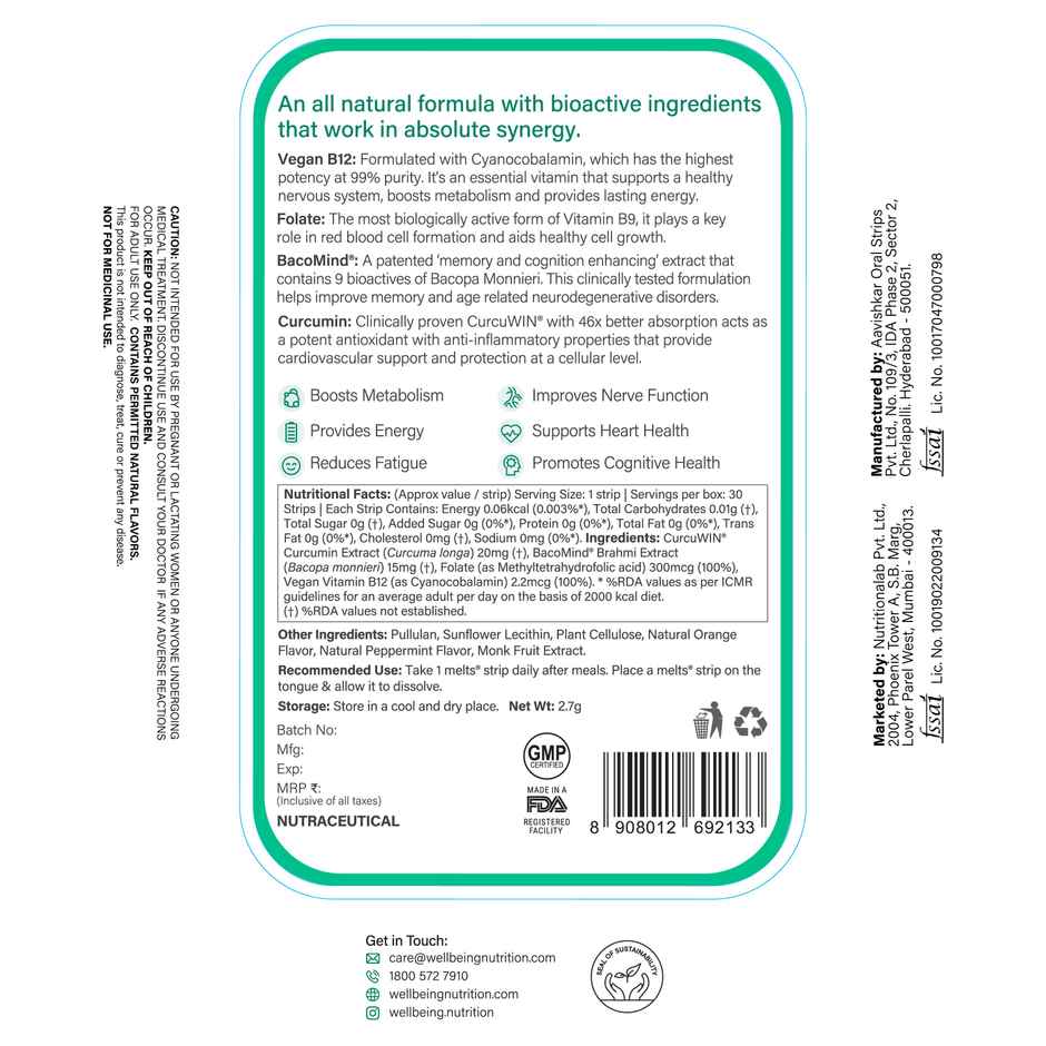 Wellbeing Nutrition Melts Vegan Vitamin B12 For Brain, Heart & Nervous System Support, 30 Strips