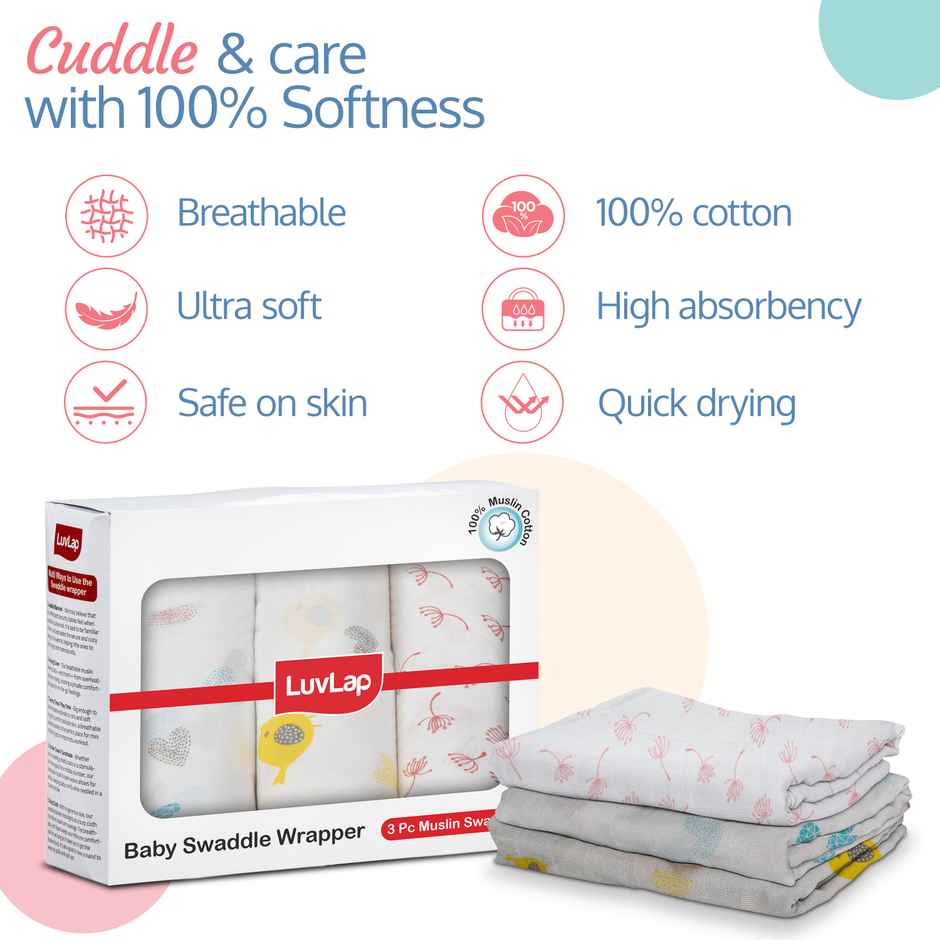 LuvLap 100% Cotton Muslin Baby Swaddle Set | Pack of 3 | 120cm x 100cm | 0-18 Month+ | Baby Towel