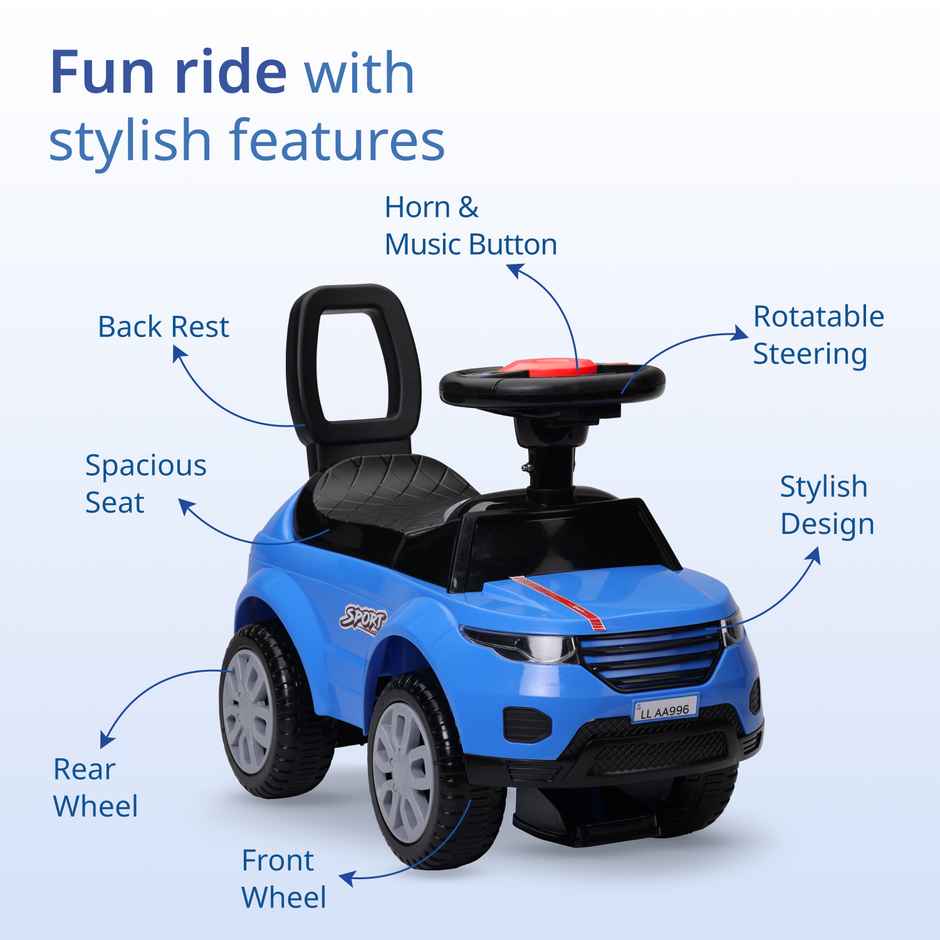 LuvLap Starlight Ride On Car with Music Horn Push Handle Backrest Guard Blue for Kids 1-3 Years