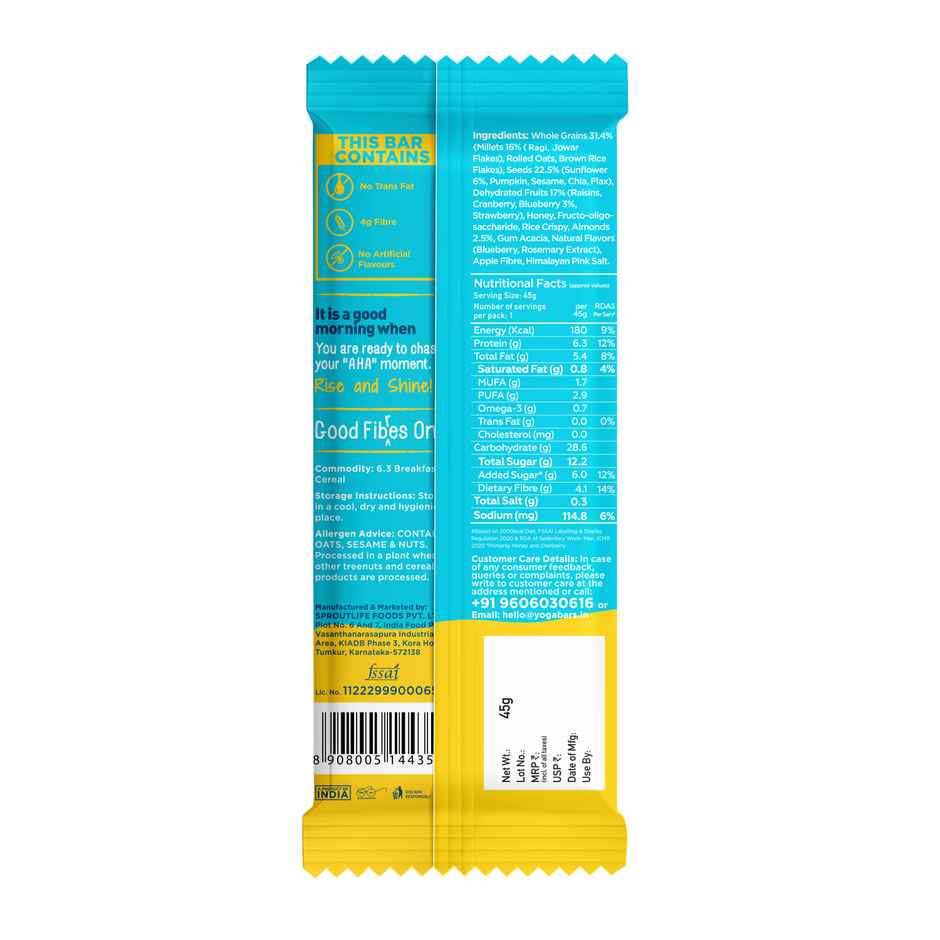 Yoga Bar Breakfast Protein Bar Blueberry Pie, Berries, Millets and Seeds, High Fibre Combo