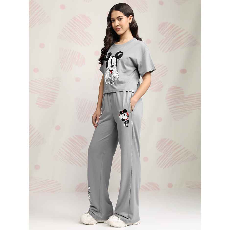 Tokyo Talkies Women's Disney Mickey Mouse Printed Sleepwear Co-ord Set | Grey - L
