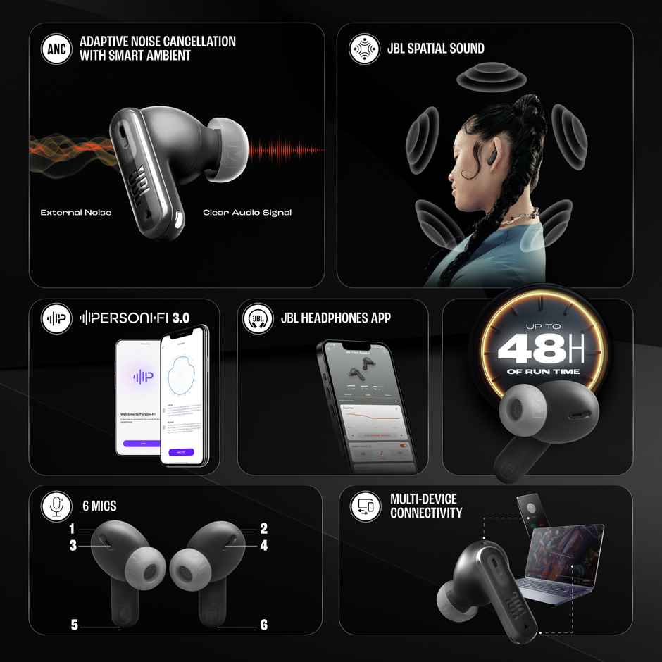 JBL Tune Beam 2 TWS Earbuds | ANC | 48H Battery | 6-Mics | IP54 | Wireless | Black