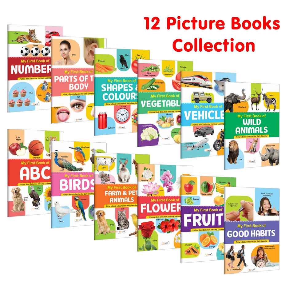 My First Book of Abc | Numbers, Fruits and More - Preschool Picture Book- Pack of 12 Learning Books
