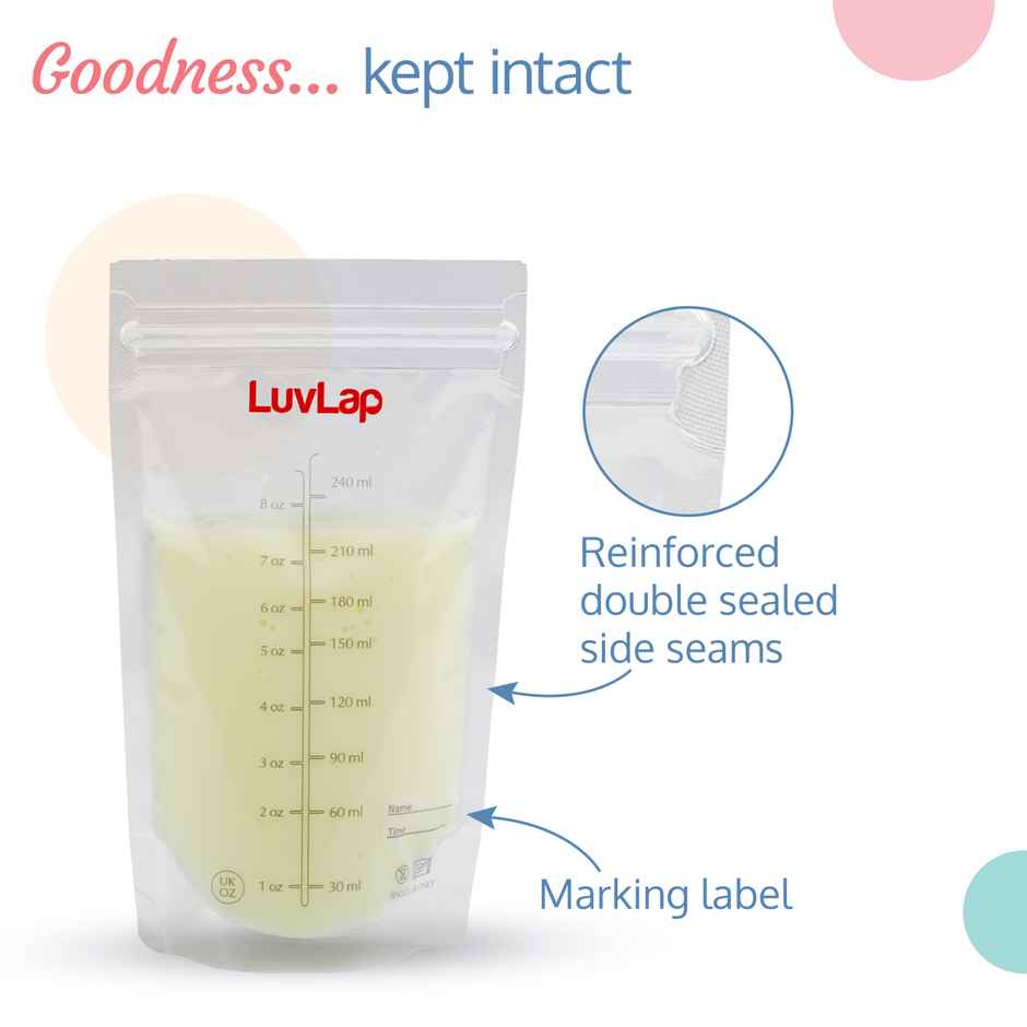 LuvLap Baby Breast Milk Storage Bags (Pack of 25), BPA Free, Transparent