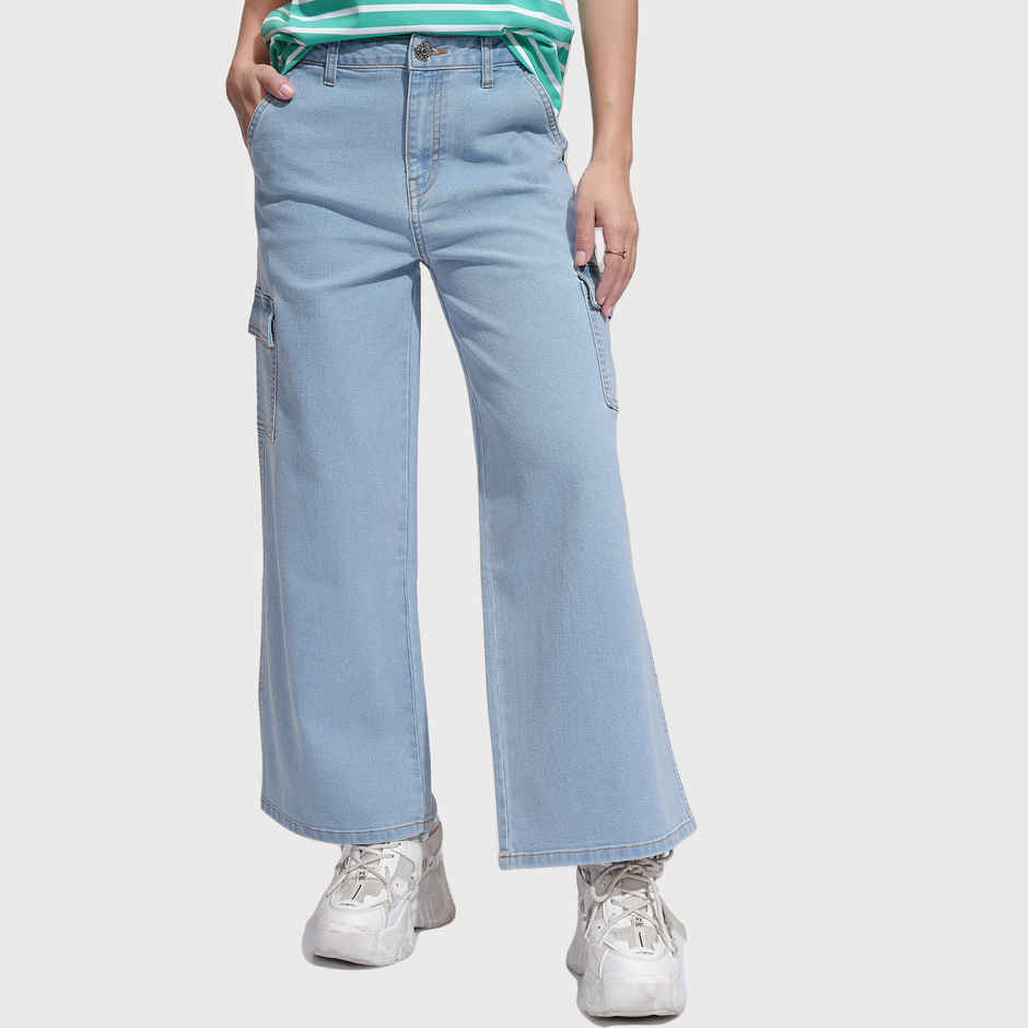 Tokyo Talkies Women's Wide Leg Cargo Jeans | Light Blue - L