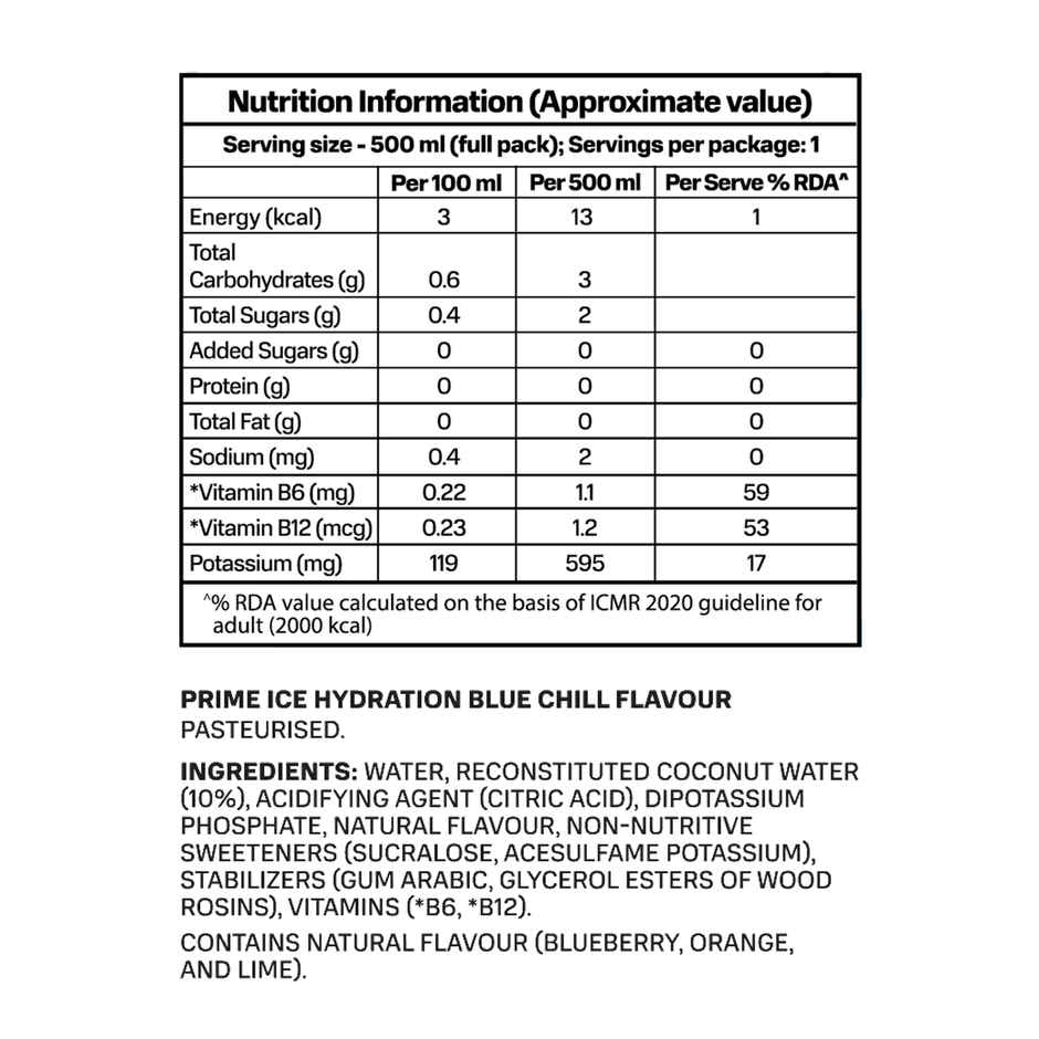 Prime Hydration Ice Blue Chill Flavour | Blueberry - Orange And Lime Flavoured Drink