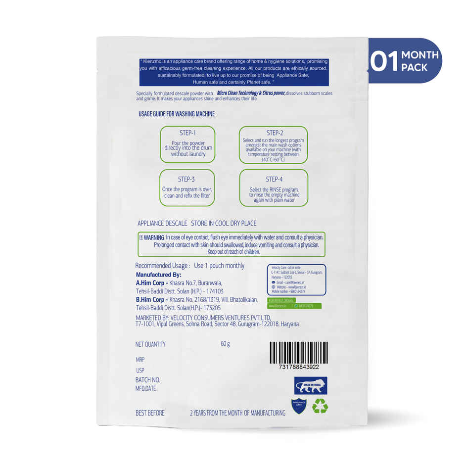 Klenzmo Washing Machine Cleaner & Descaler Pouch