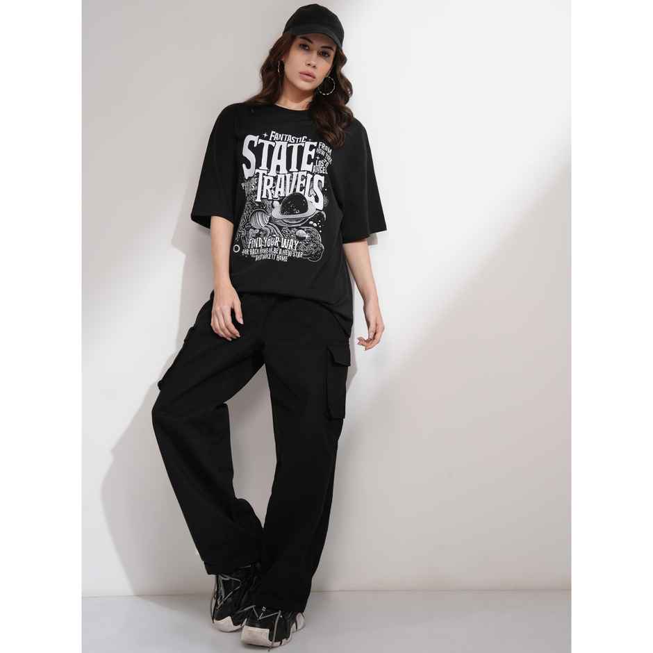 Tokyo Talkies Women's Cargo Wide Leg With Back Elastic Waist Band | Black - M