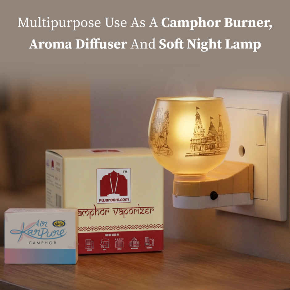 Pure Camphor Electric Diffuser (Shri Rama) | Ceramic Night Lamp | Free Camphor Tablets | Cycle