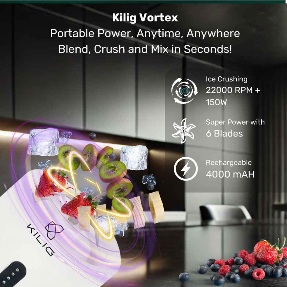 Kilig Vortex Portable Blender | 530 ml | 4000 mAh | 6Sided Blade | 22k RPM | White