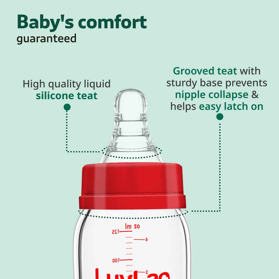 LuvLap Essential Slim Neck Glass Feeding Bottle | 3M Babies Upto 3 Years White and Red | 250 ml