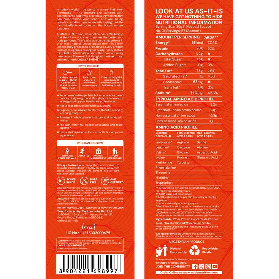 AS-IT-IS Nutrition Whey Protein Concentrate 80% | Unflavored, Tested for Purity | Combo
